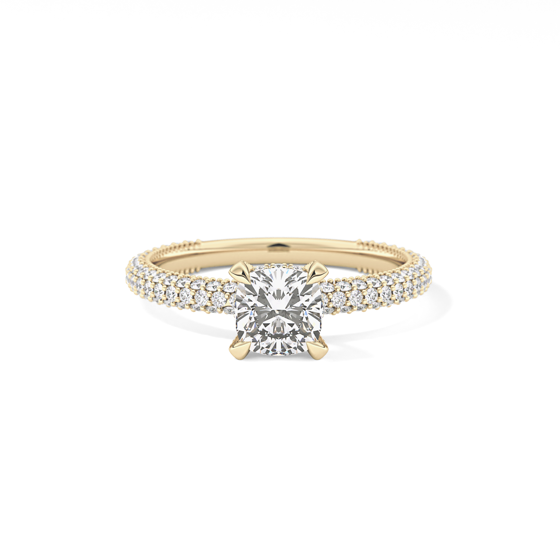 Cushion Cut 0.86 Carat Moissanite Ring – Hidden Halo and Pave Setting in Gold
