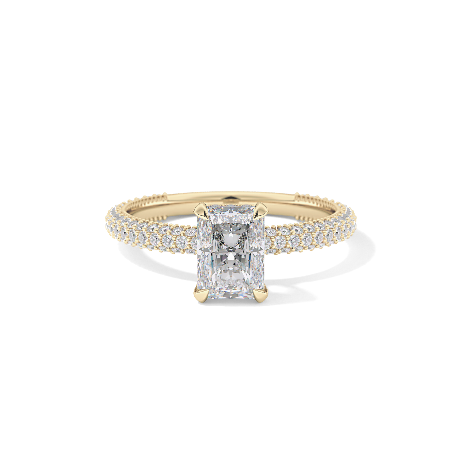 Radiant Cut 1.33 Carat Moissanite Ring – Hidden Halo and Pave Setting in Gold