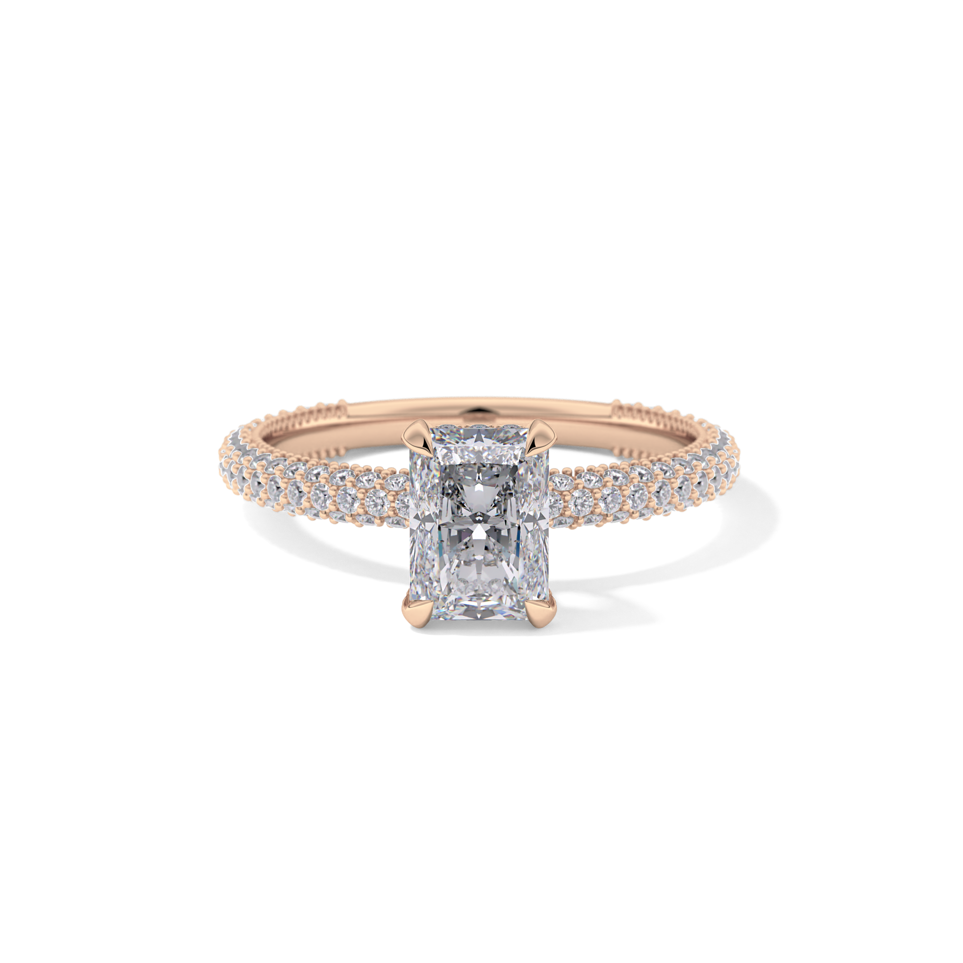 Radiant Cut 1.33 Carat Moissanite Ring – Hidden Halo and Pave Setting in Gold