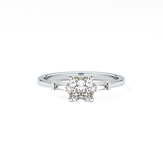 Cushion Cut 0.74 Carat Moissanite Ring – Three Stones Setting in Gold