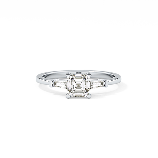 Asscher Cut 0.65 Carat Moissanite Ring – Three Stones Setting in Gold 1