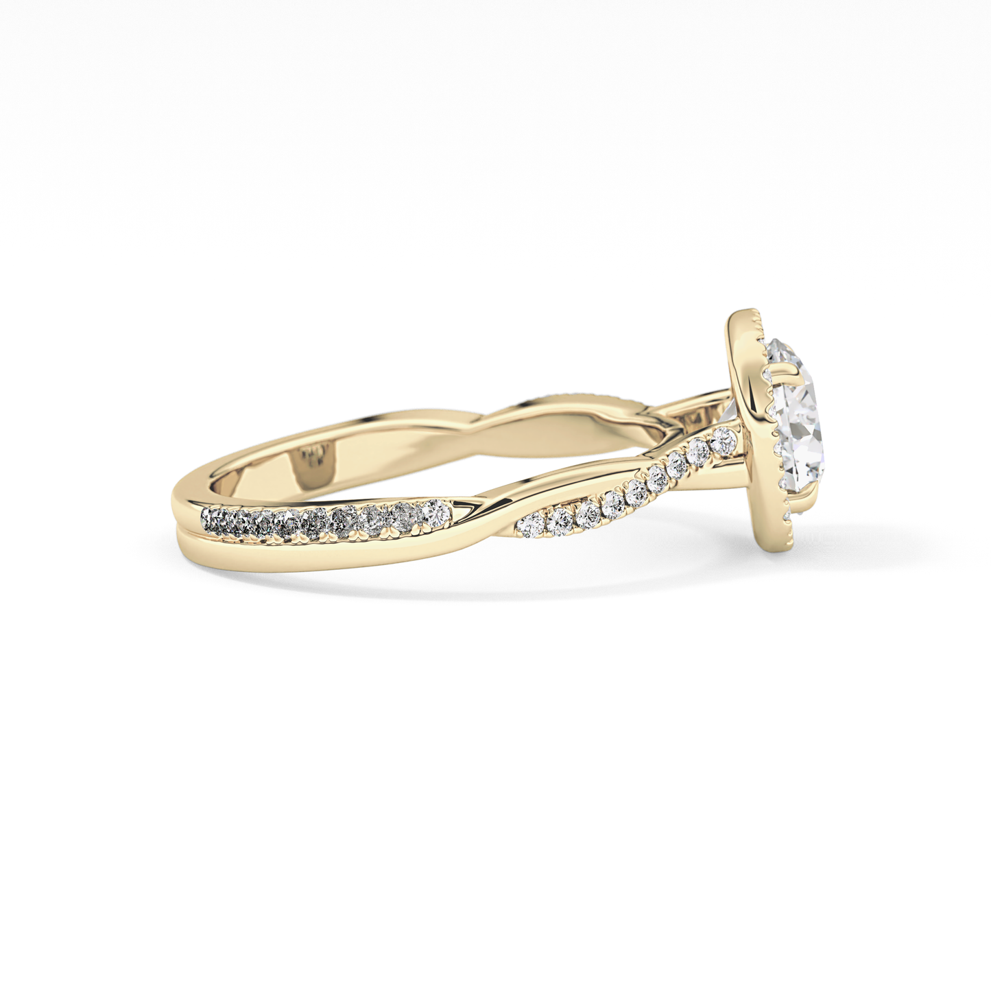 Round Cut 1.03 Carat Moissanite Ring – Twisted Shank, Halo and Pave Setting in Gold