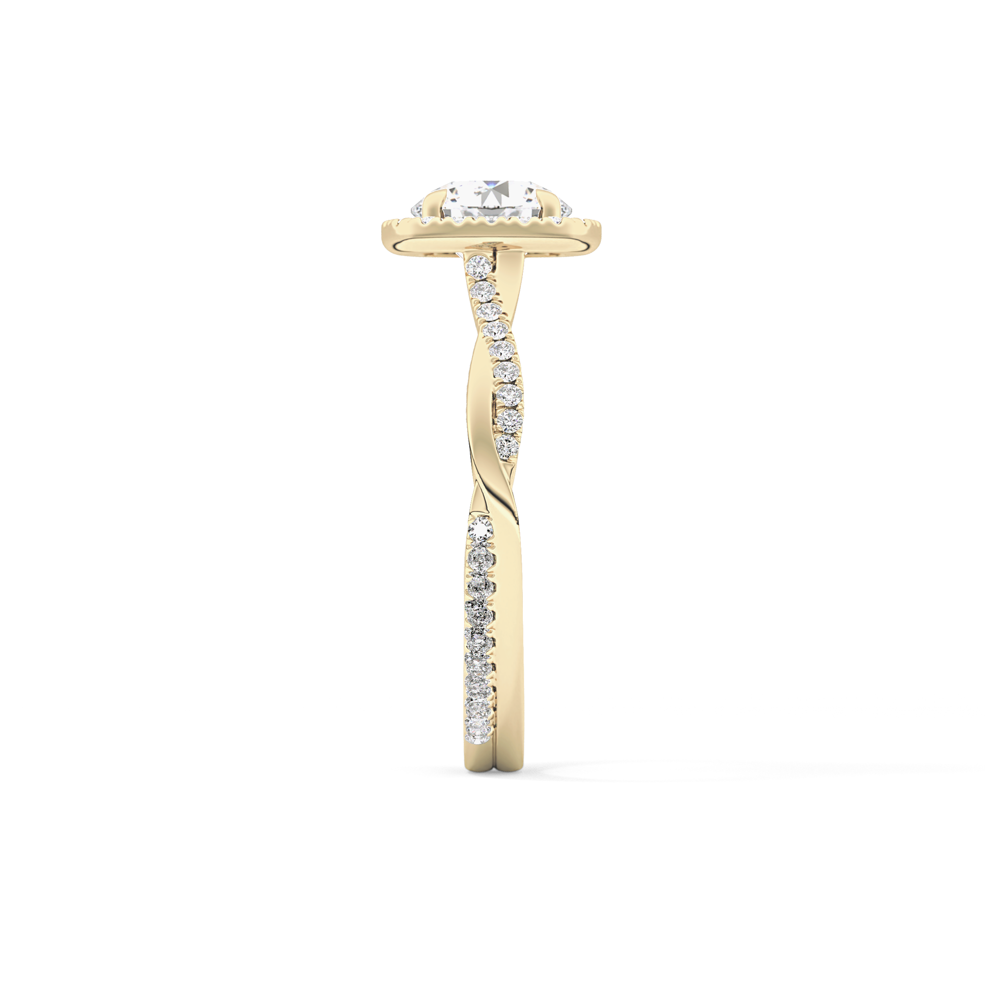 Round Cut 1.03 Carat Moissanite Ring – Twisted Shank, Halo and Pave Setting in Gold