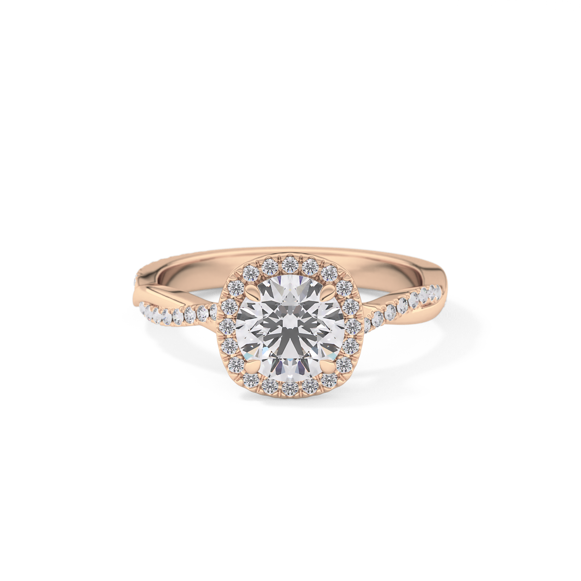 Round Cut 1.03 Carat Moissanite Ring – Twisted Shank, Halo and Pave Setting in Gold