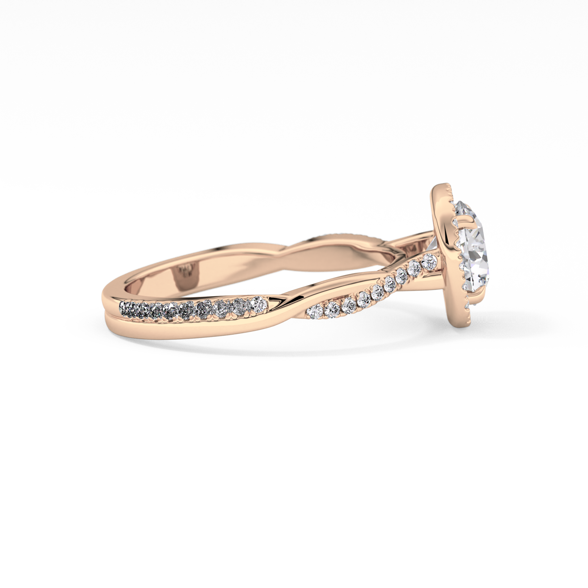 Round Cut 1.03 Carat Moissanite Ring – Twisted Shank, Halo and Pave Setting in Gold