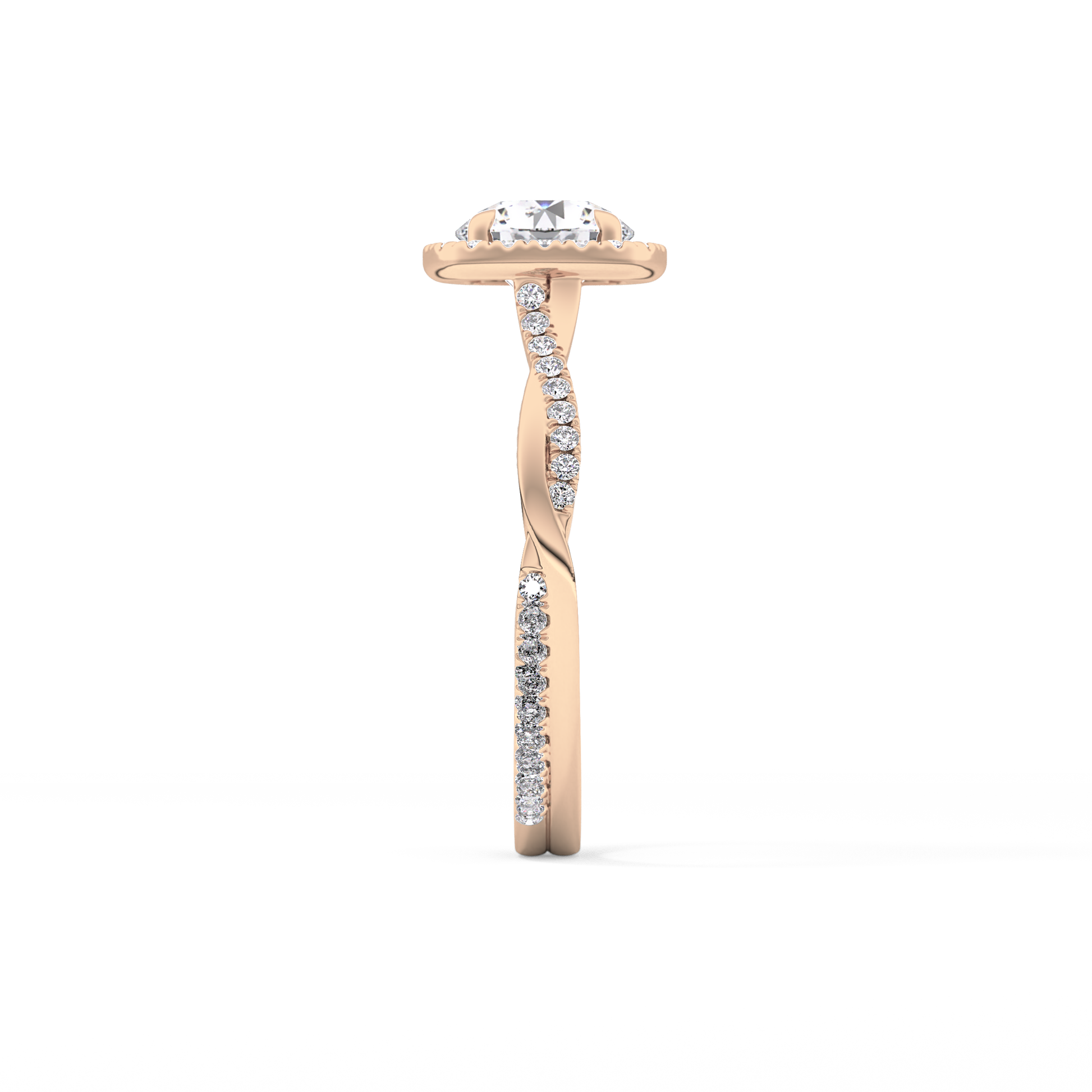 Round Cut 1.03 Carat Moissanite Ring – Twisted Shank, Halo and Pave Setting in Gold