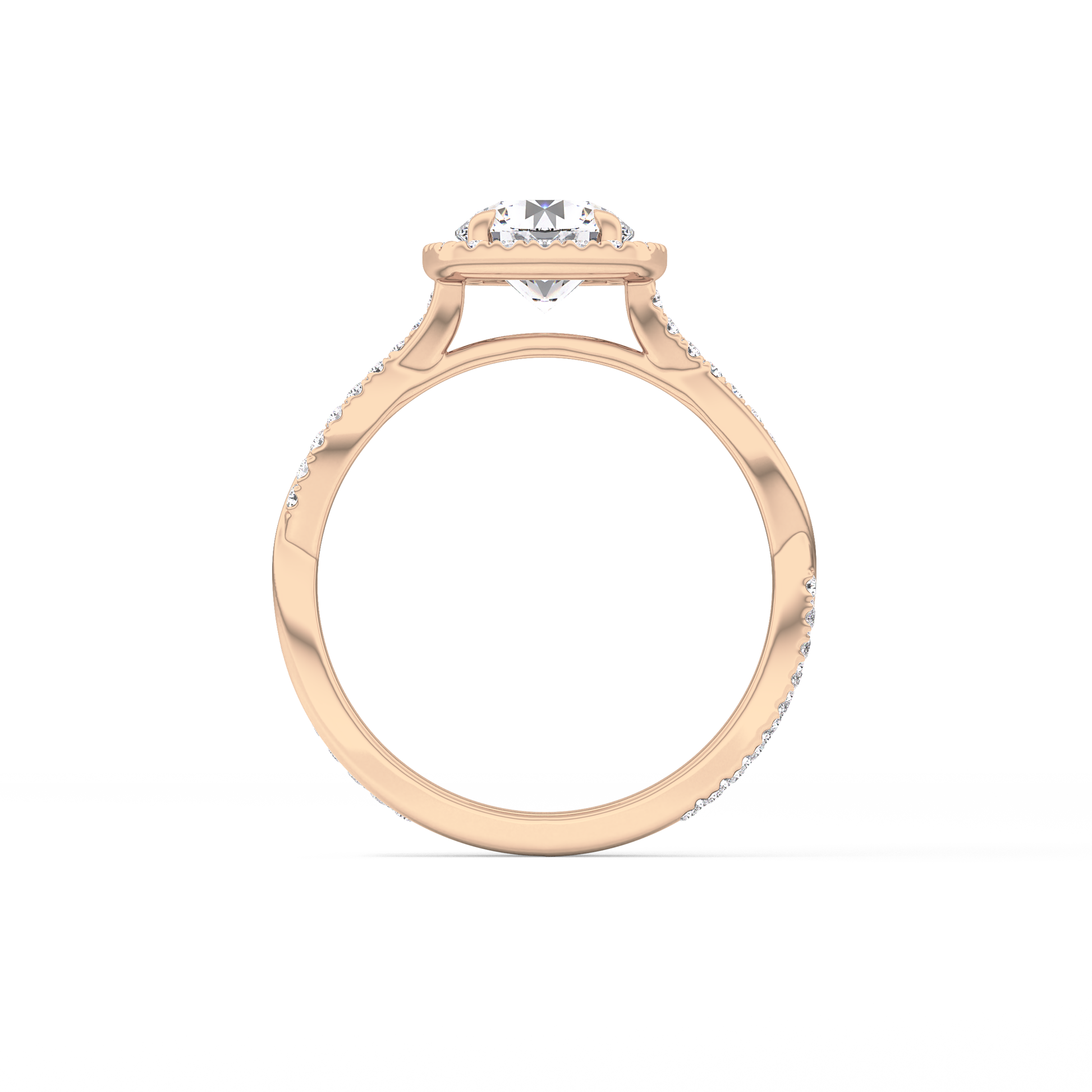 Round Cut 1.03 Carat Moissanite Ring – Twisted Shank, Halo and Pave Setting in Gold