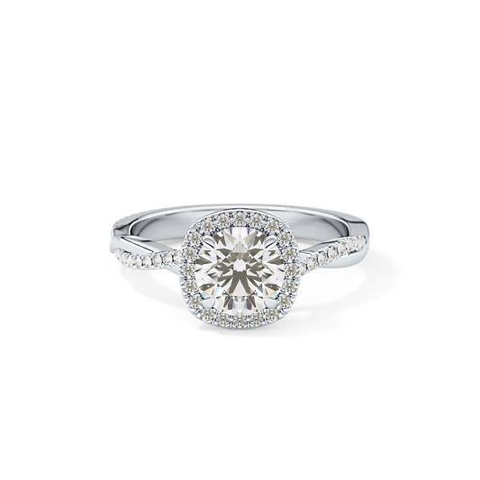 Round Cut 1.03 Carat Moissanite Ring – Twisted Shank, Halo and Pave Setting in Gold