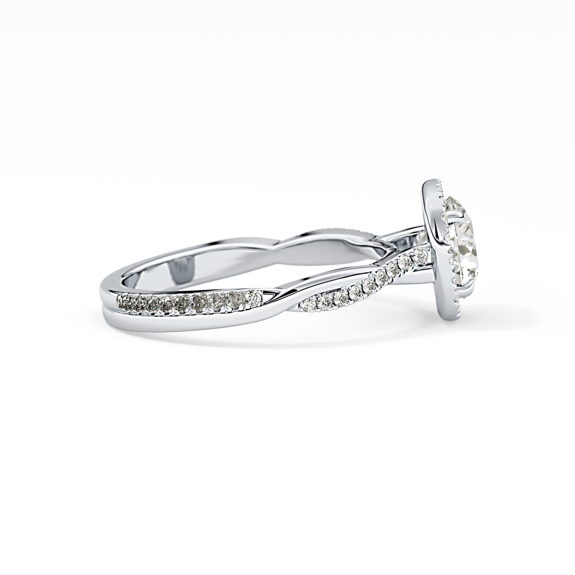 Round Cut 1.03 Carat Moissanite Ring – Twisted Shank, Halo and Pave Setting in Gold
