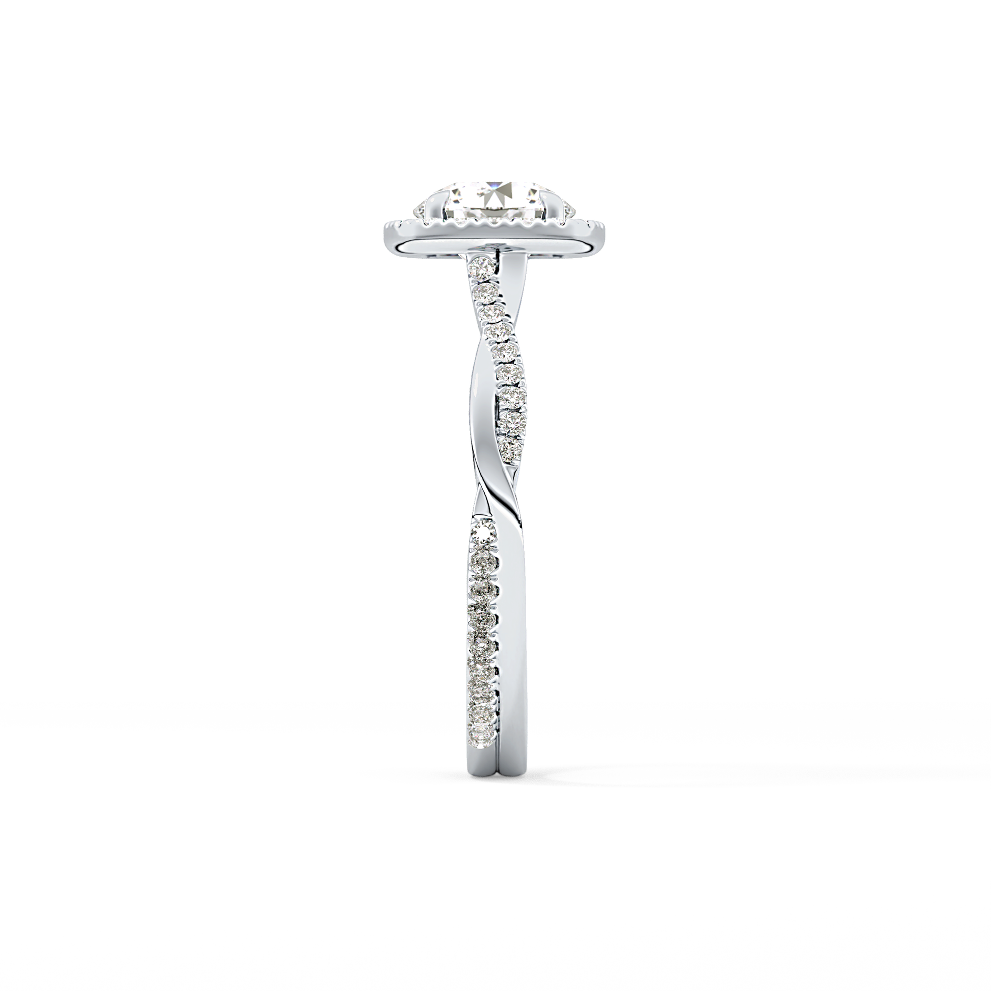 Round Cut 1.03 Carat Moissanite Ring – Twisted Shank, Halo and Pave Setting in Gold