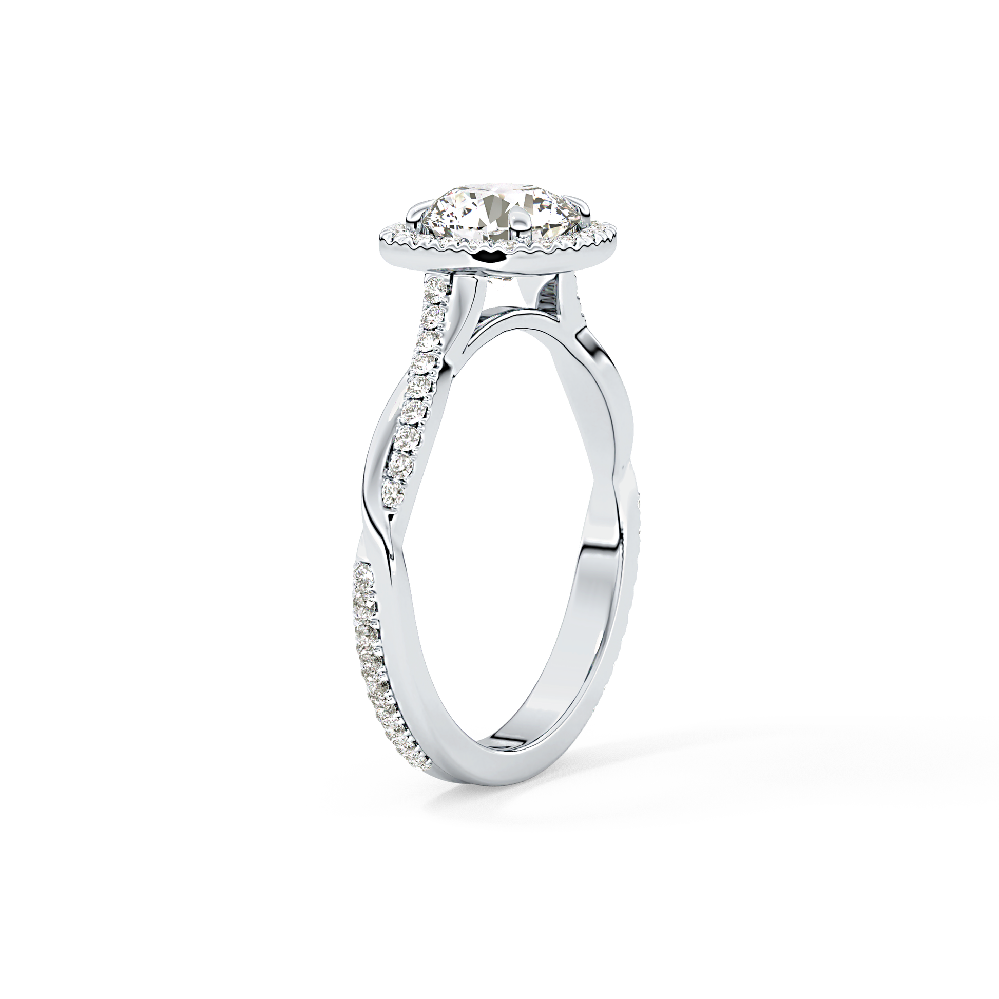 Round Cut 1.03 Carat Moissanite Ring – Twisted Shank, Halo and Pave Setting in Gold