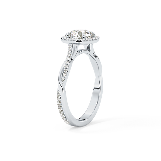 Round Cut 1.03 Carat Moissanite Ring – Twisted Shank, Halo and Pave Setting in Gold