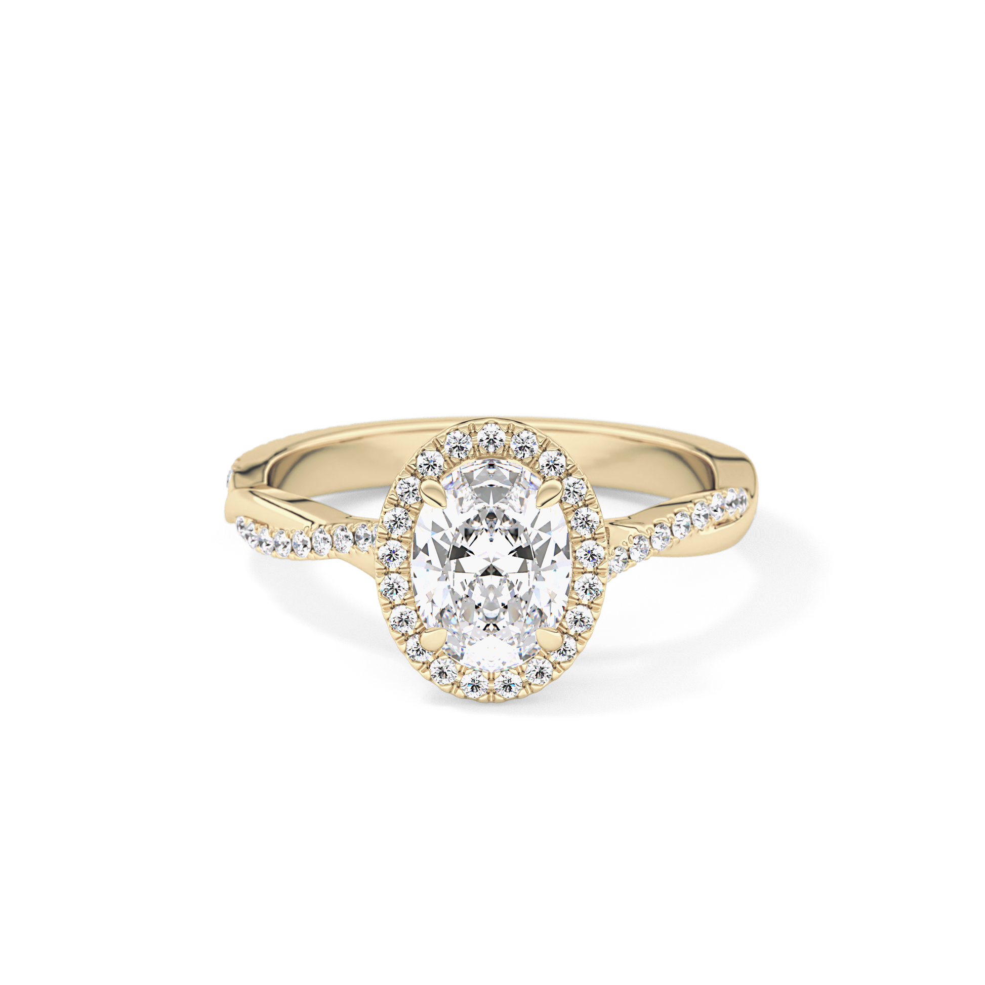 Oval Cut 0.83 Carat Moissanite Ring – Twisted Shank, Halo and Pave Setting in Gold
