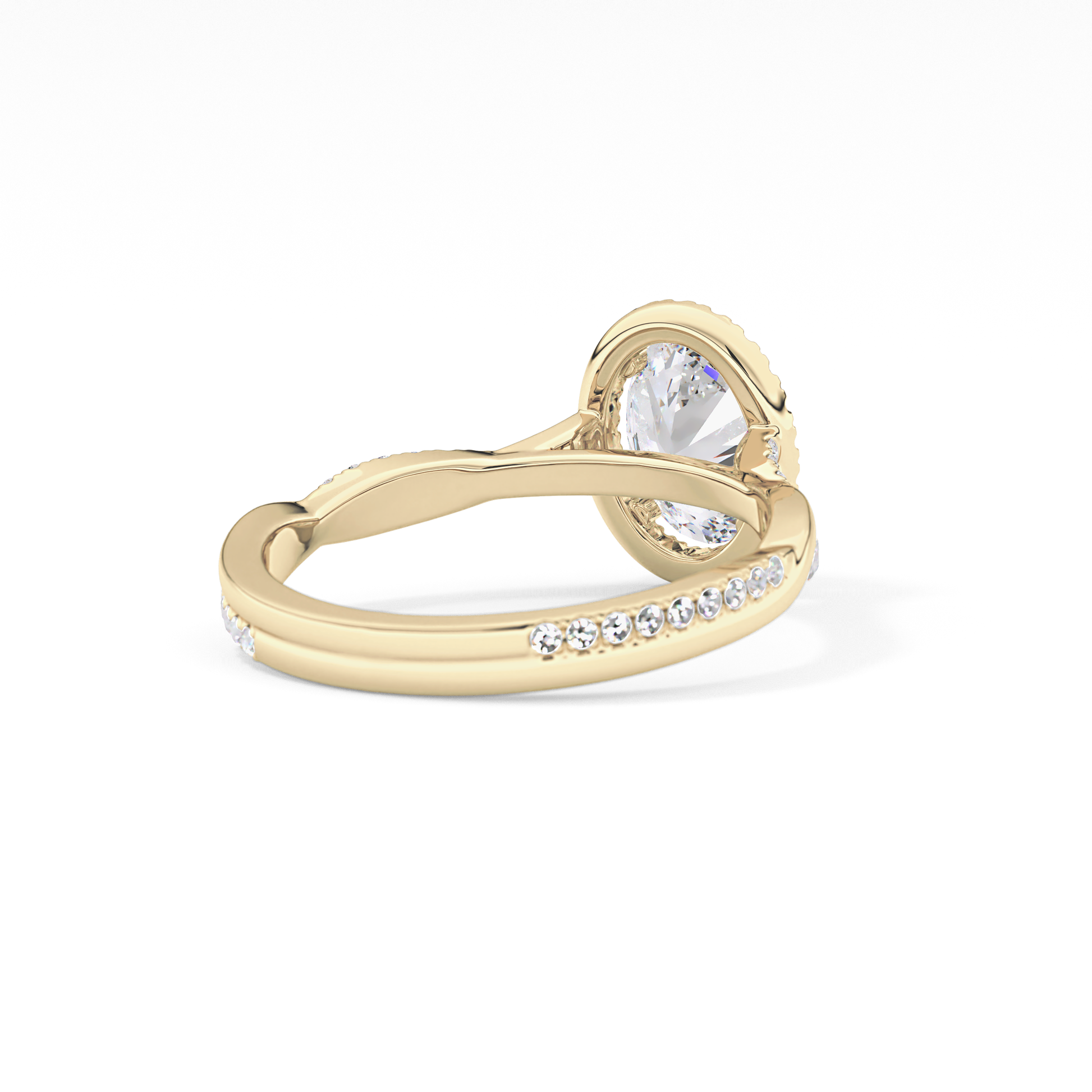 Oval Cut 0.83 Carat Moissanite Ring – Twisted Shank, Halo and Pave Setting in Gold