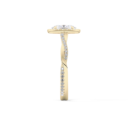 Oval Cut 0.83 Carat Moissanite Ring – Twisted Shank, Halo and Pave Setting in Gold