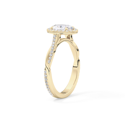 Oval Cut 0.83 Carat Moissanite Ring – Twisted Shank, Halo and Pave Setting in Gold