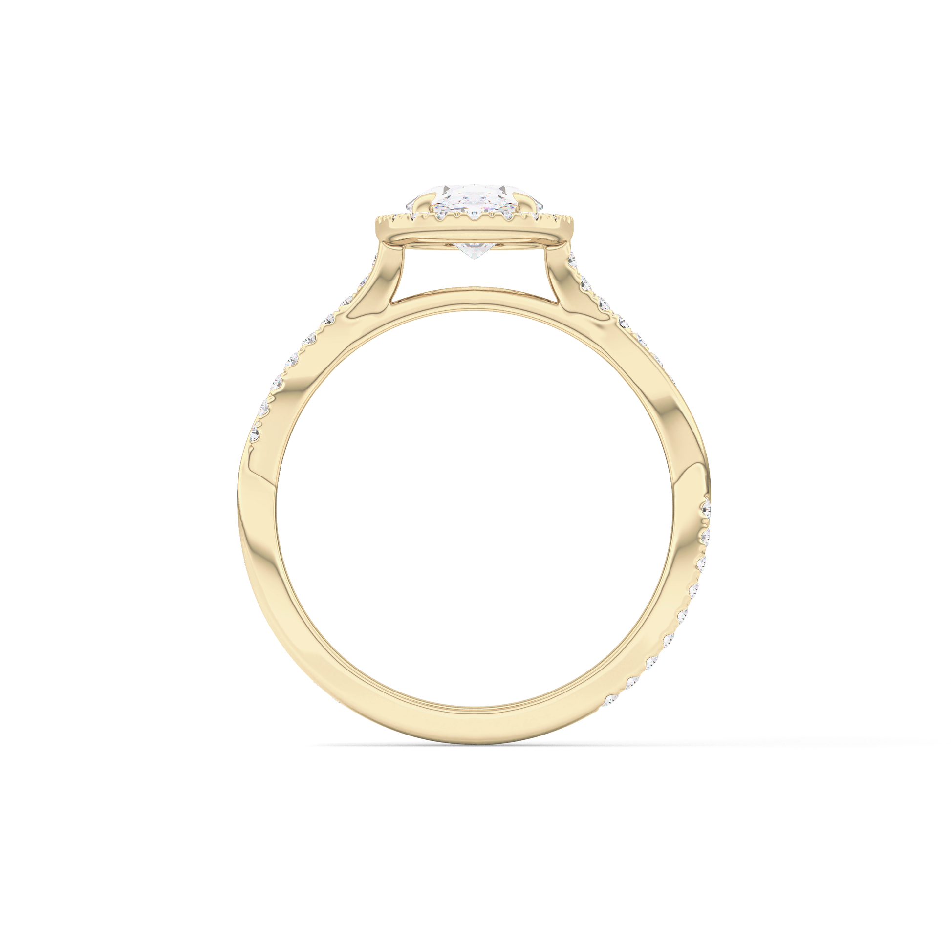 Oval Cut 0.83 Carat Moissanite Ring – Twisted Shank, Halo and Pave Setting in Gold
