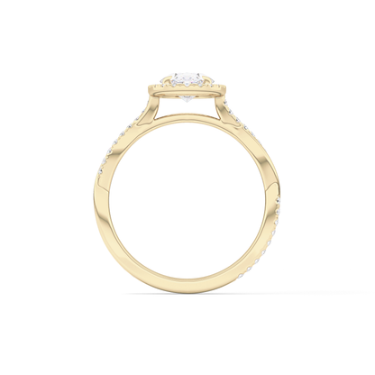 Oval Cut 0.83 Carat Moissanite Ring – Twisted Shank, Halo and Pave Setting in Gold