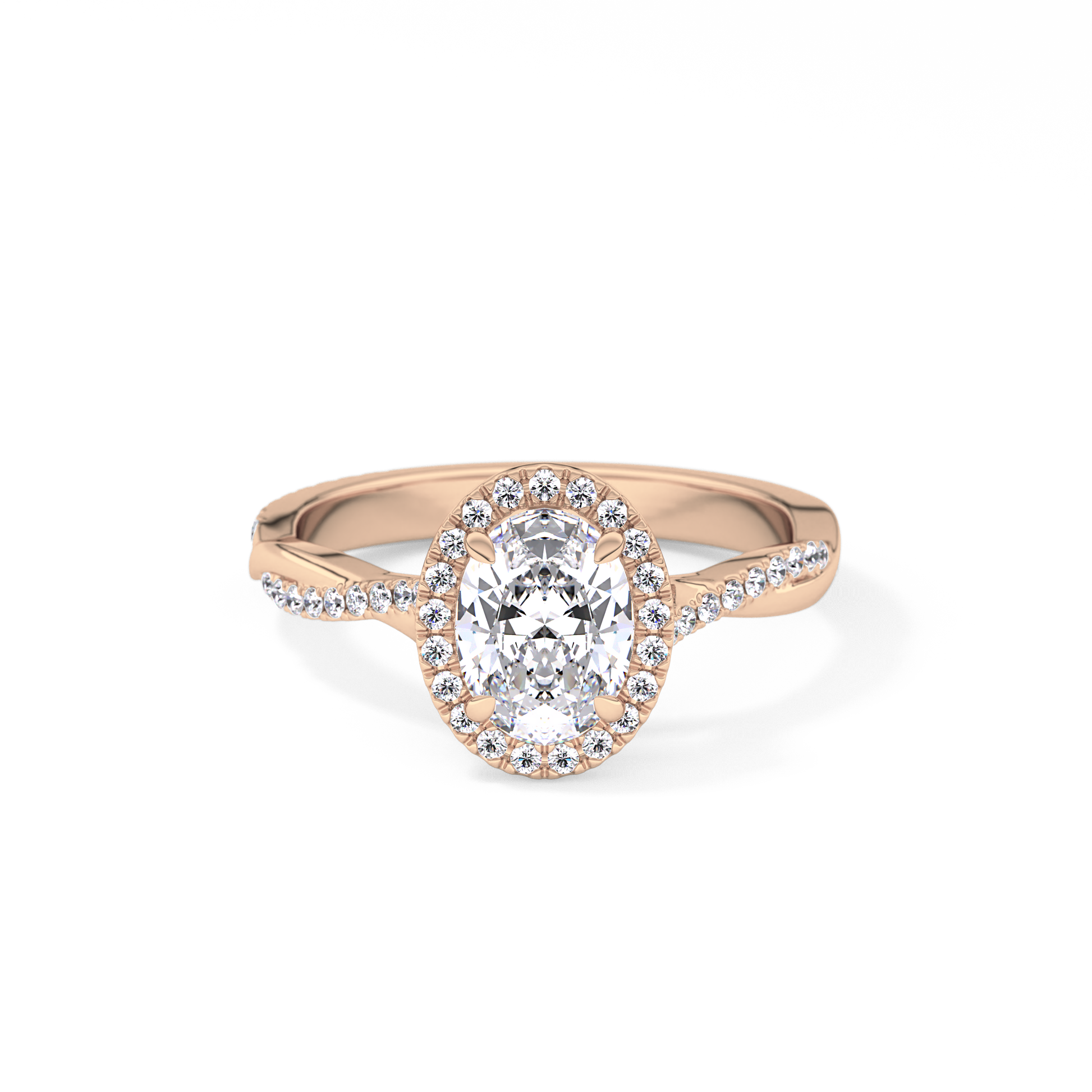 Oval Cut 0.83 Carat Moissanite Ring – Twisted Shank, Halo and Pave Setting in Gold