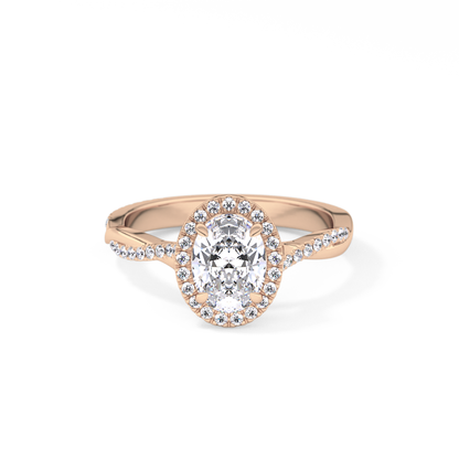 Oval Cut 0.83 Carat Moissanite Ring – Twisted Shank, Halo and Pave Setting in Gold