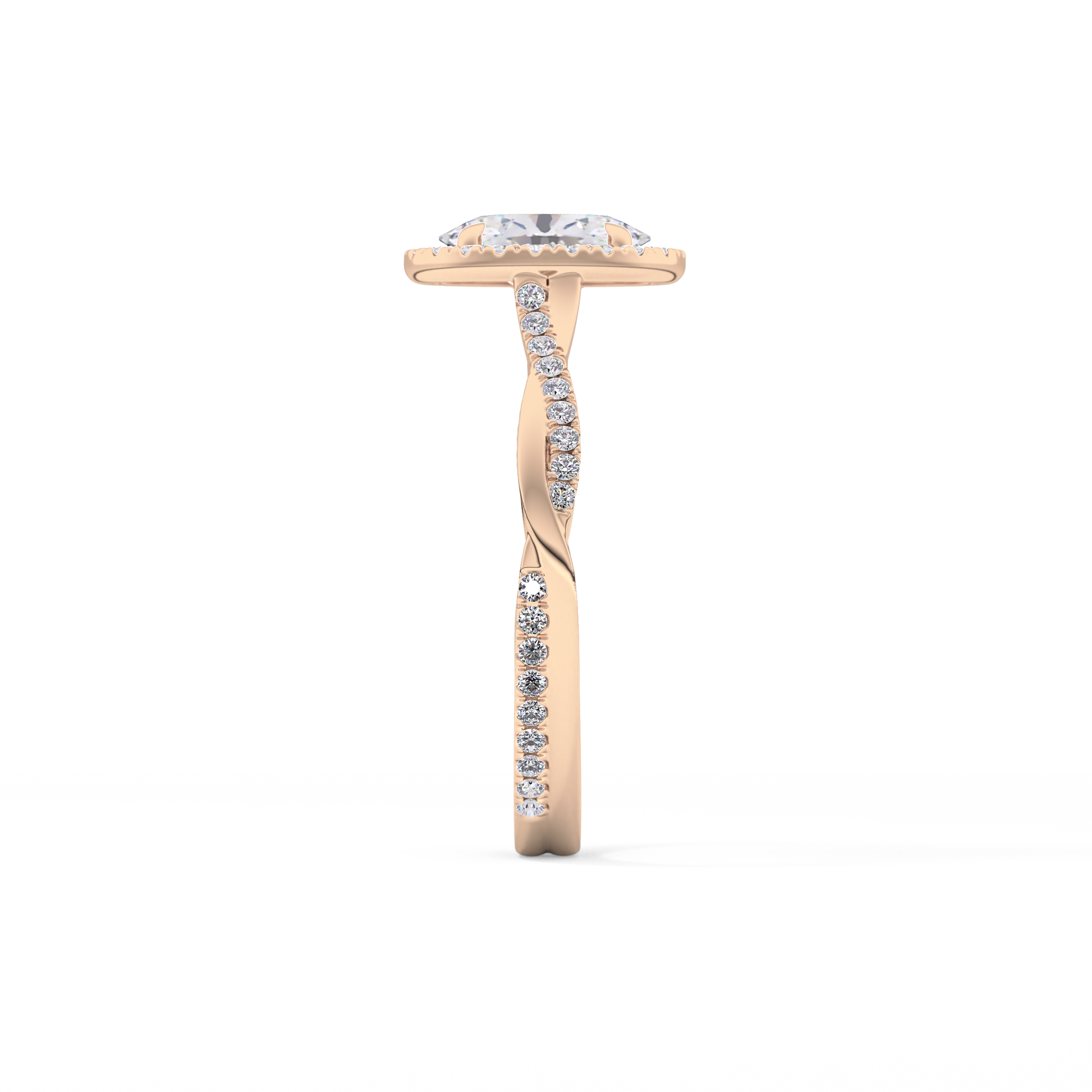 Oval Cut 0.83 Carat Moissanite Ring – Twisted Shank, Halo and Pave Setting in Gold