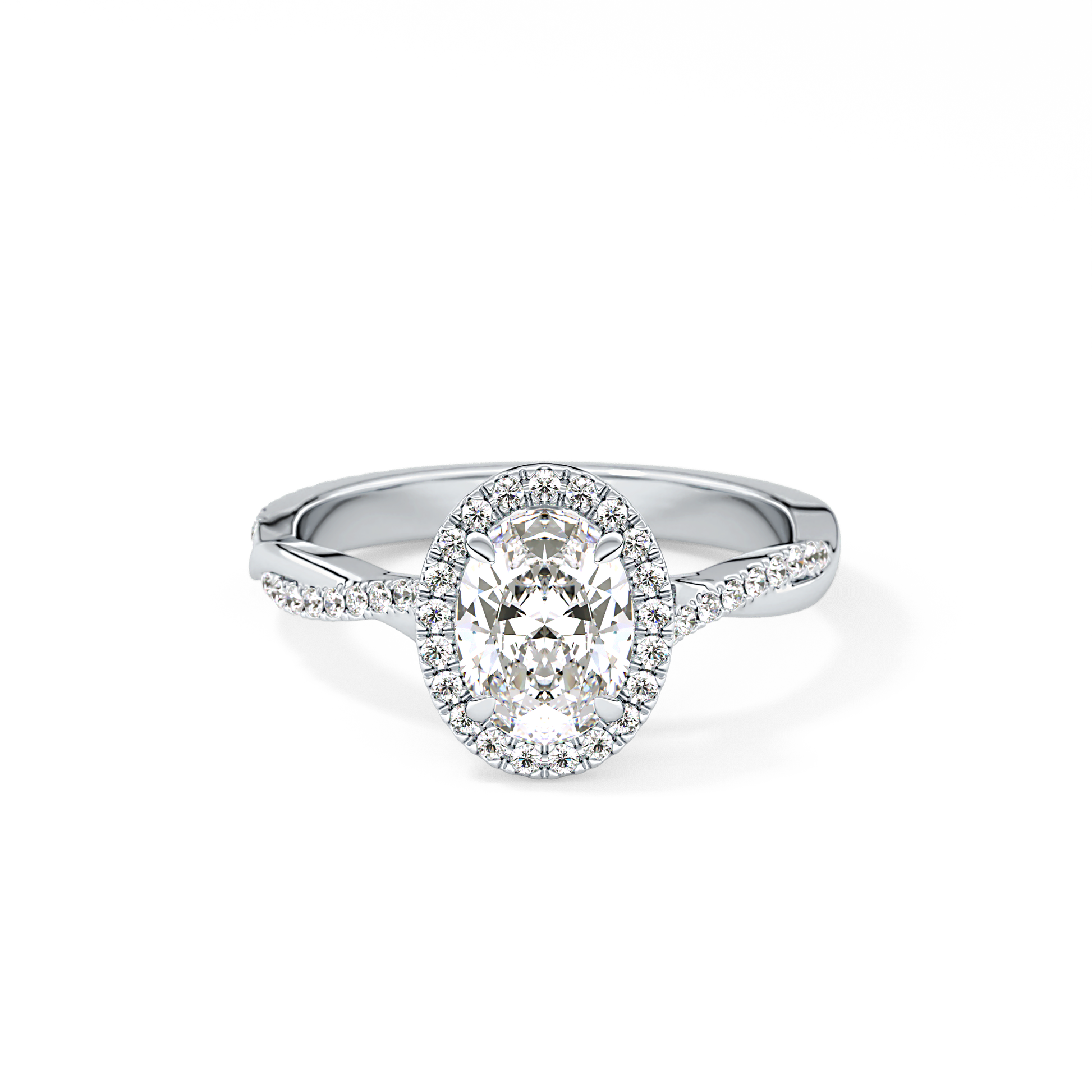 Oval Cut 0.83 Carat Moissanite Ring – Twisted Shank, Halo and Pave Setting in Gold
