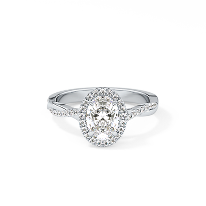 Oval Cut 0.83 Carat Moissanite Ring – Twisted Shank, Halo and Pave Setting in Gold