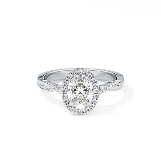 Oval Cut 0.83 Carat Moissanite Ring – Twisted Shank, Halo and Pave Setting in Gold