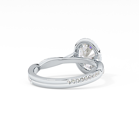 Oval Cut 0.83 Carat Moissanite Ring – Twisted Shank, Halo and Pave Setting in Gold