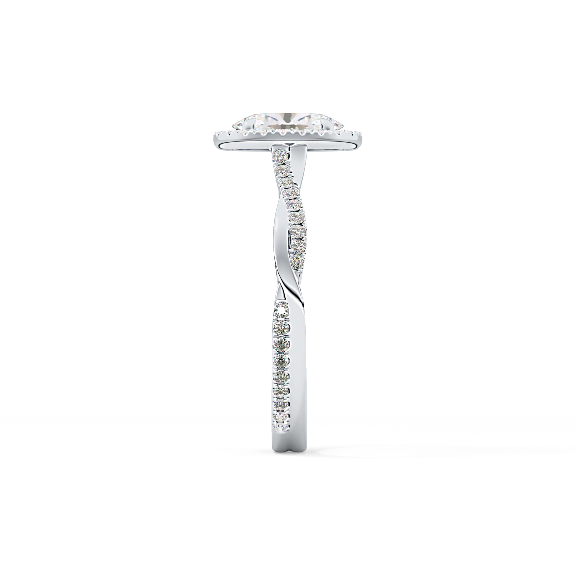 Oval Cut 0.83 Carat Moissanite Ring – Twisted Shank, Halo and Pave Setting in Gold