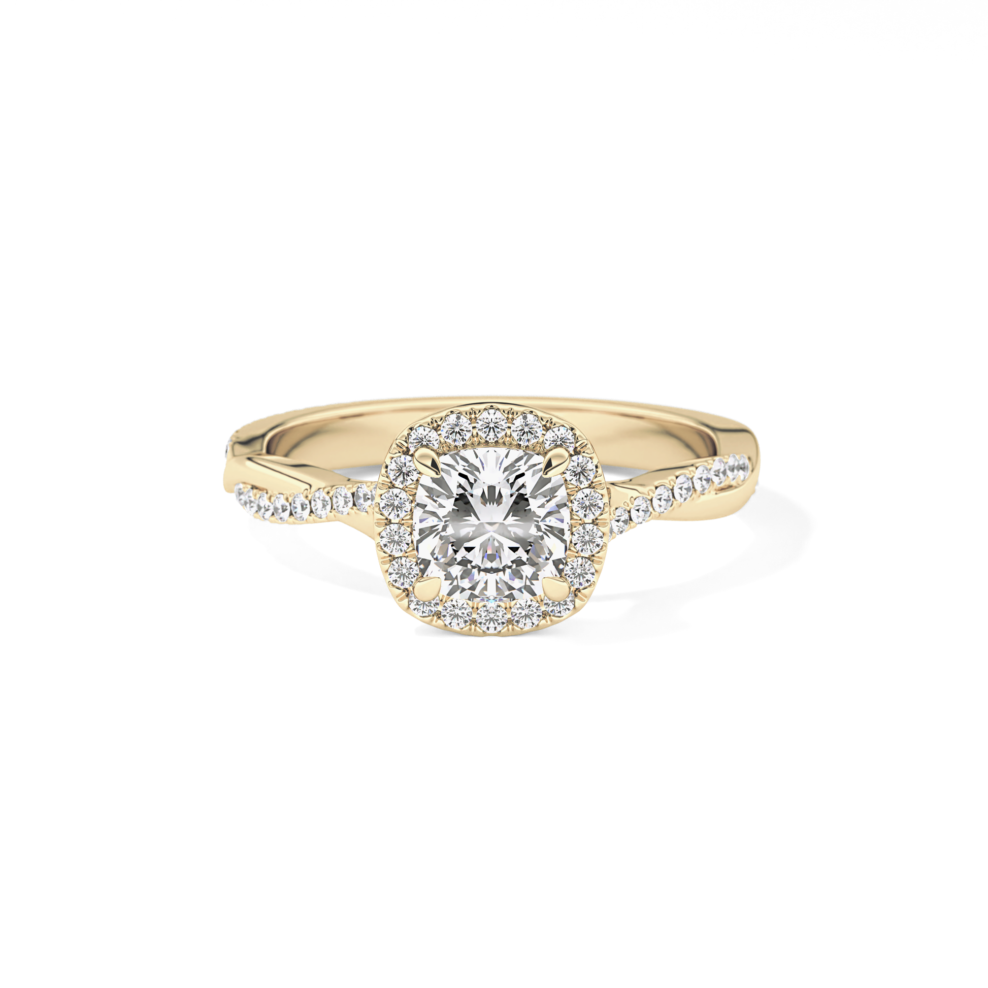 Cushion Cut 0.86 Carat Moissanite Ring – Twisted Shank, Halo and Pave Setting in Gold