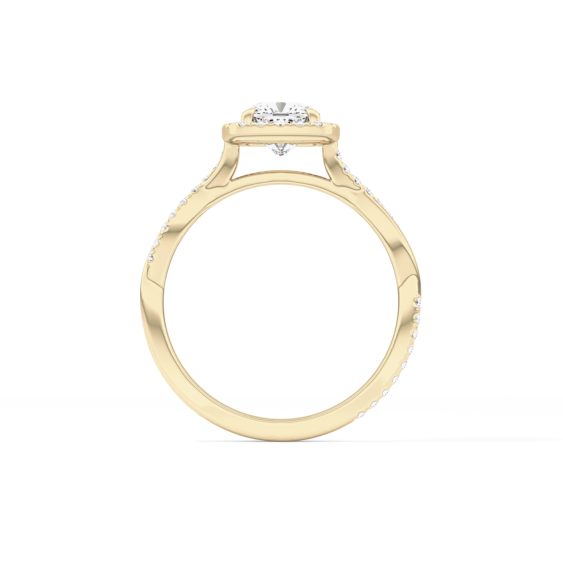 Cushion Cut 0.86 Carat Moissanite Ring – Twisted Shank, Halo and Pave Setting in Gold