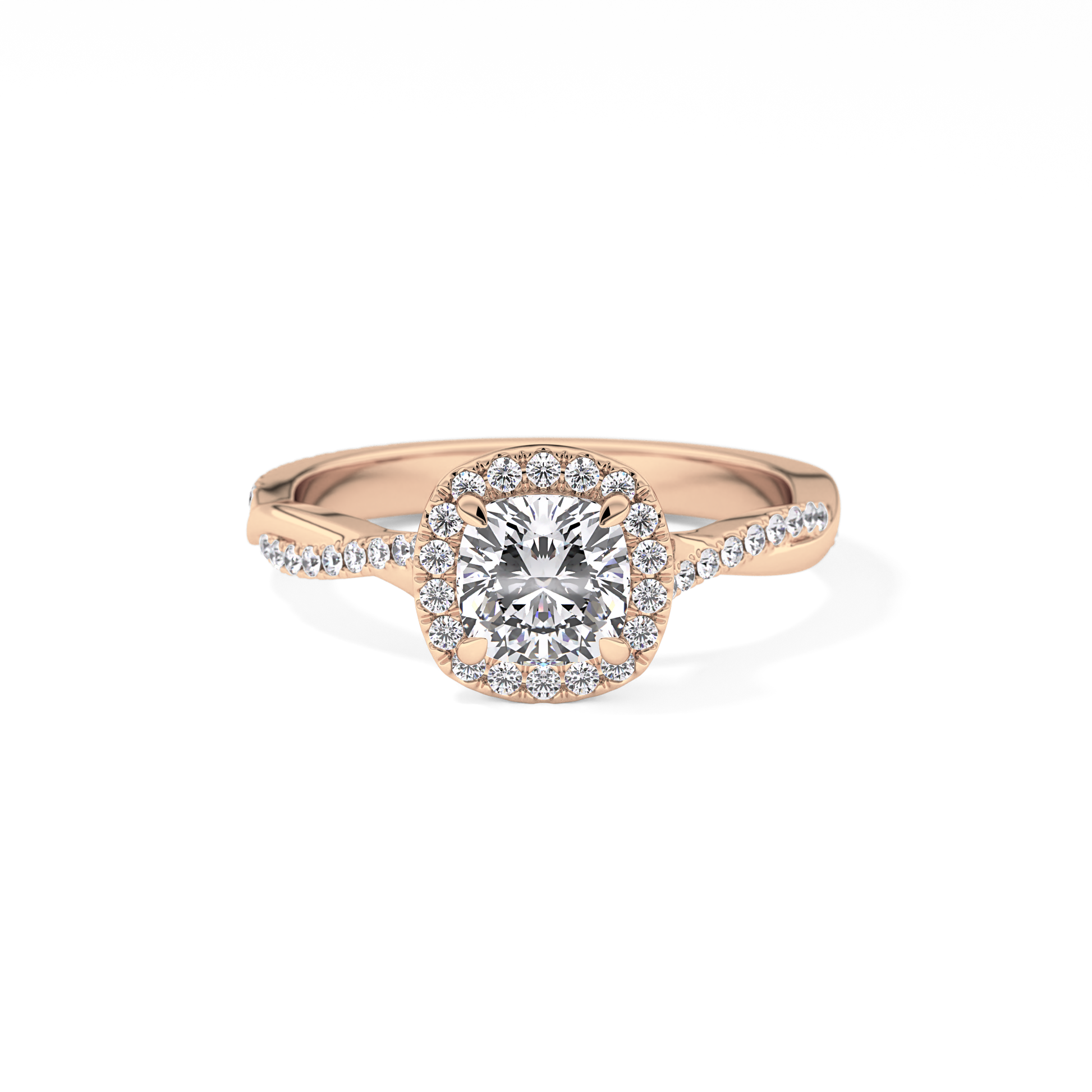 Cushion Cut 0.86 Carat Moissanite Ring – Twisted Shank, Halo and Pave Setting in Gold