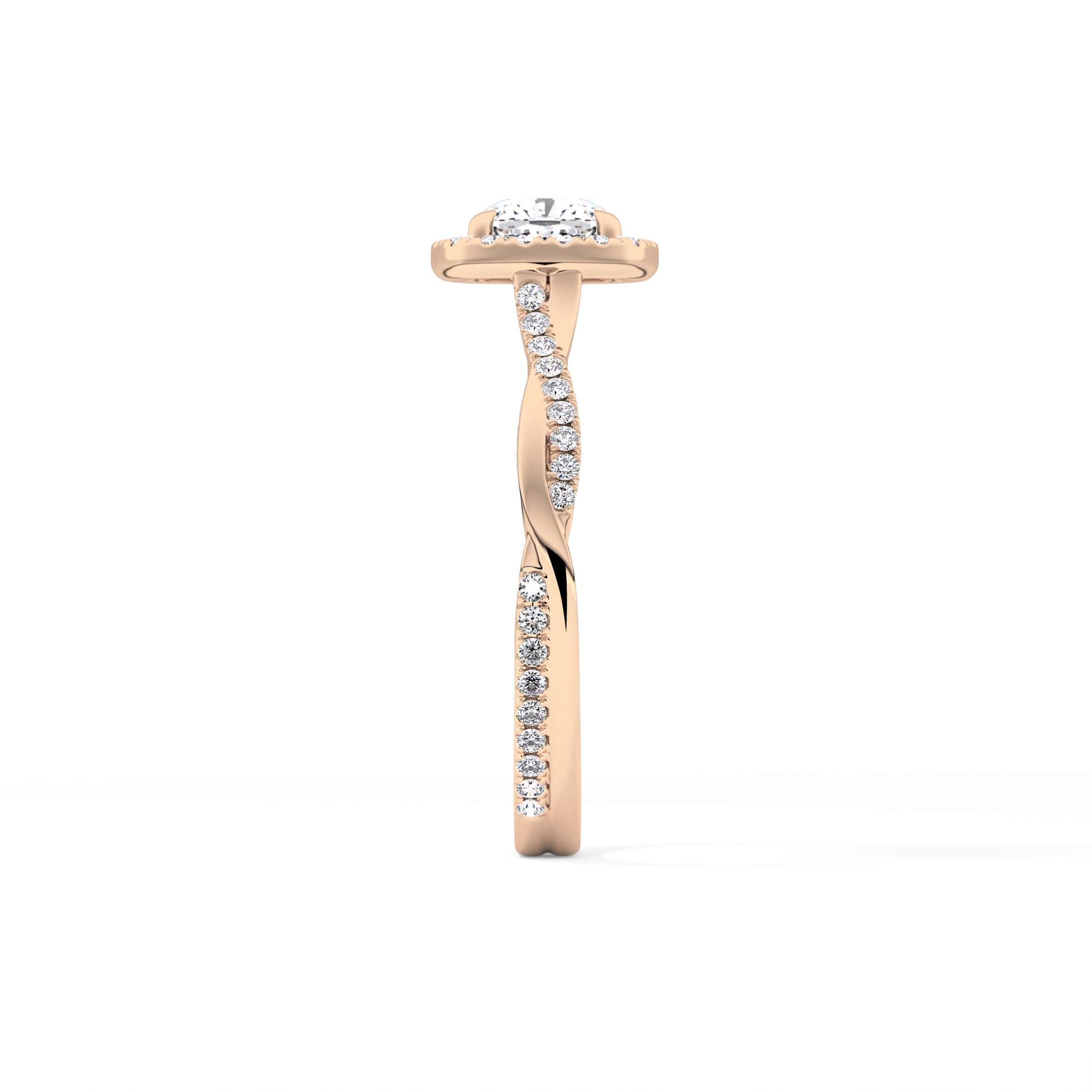 Cushion Cut 0.86 Carat Moissanite Ring – Twisted Shank, Halo and Pave Setting in Gold