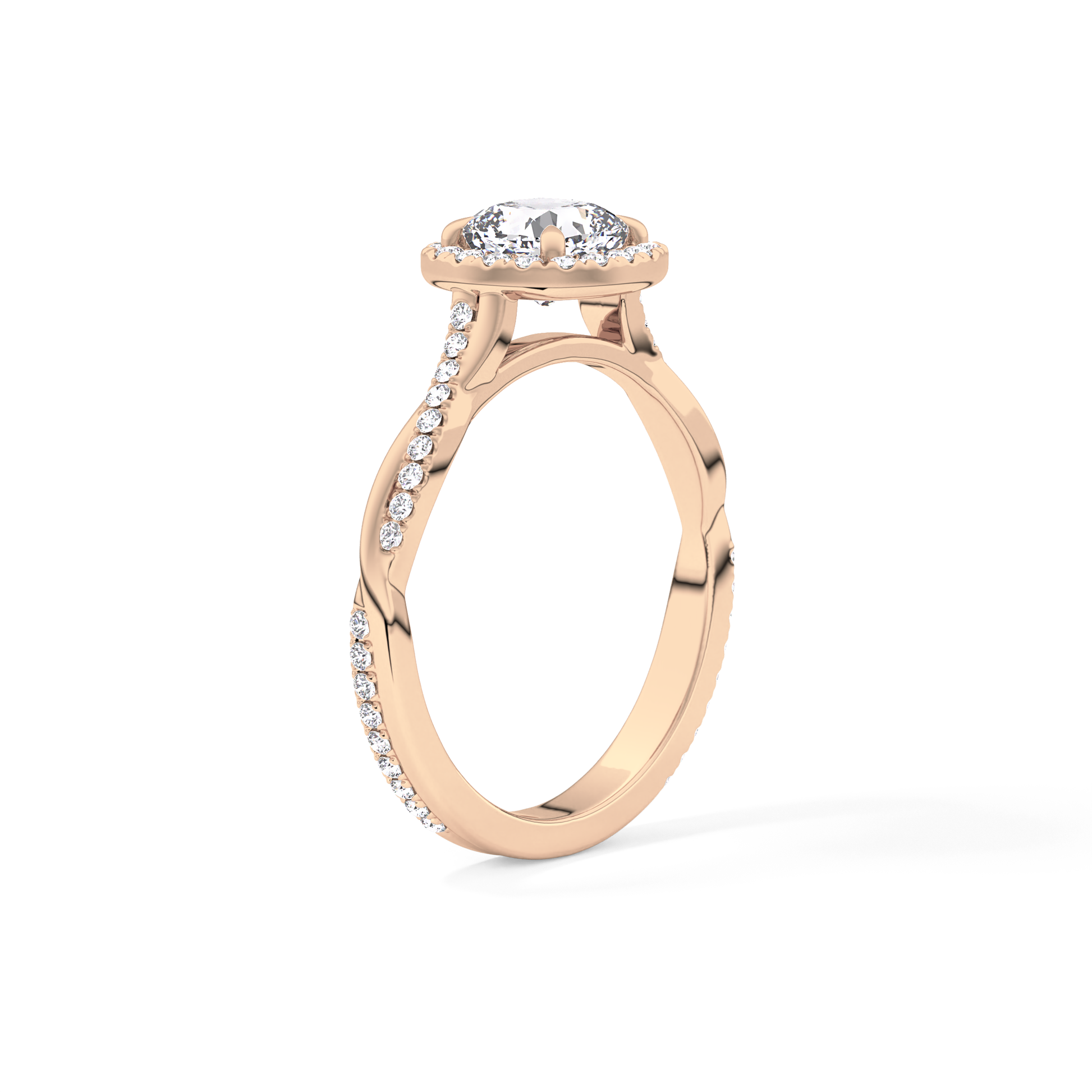 Cushion Cut 0.86 Carat Moissanite Ring – Twisted Shank, Halo and Pave Setting in Gold