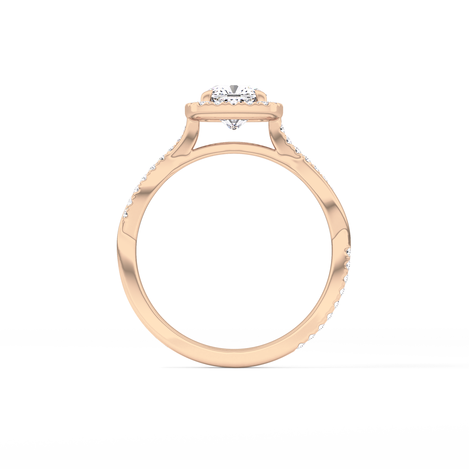 Cushion Cut 0.86 Carat Moissanite Ring – Twisted Shank, Halo and Pave Setting in Gold
