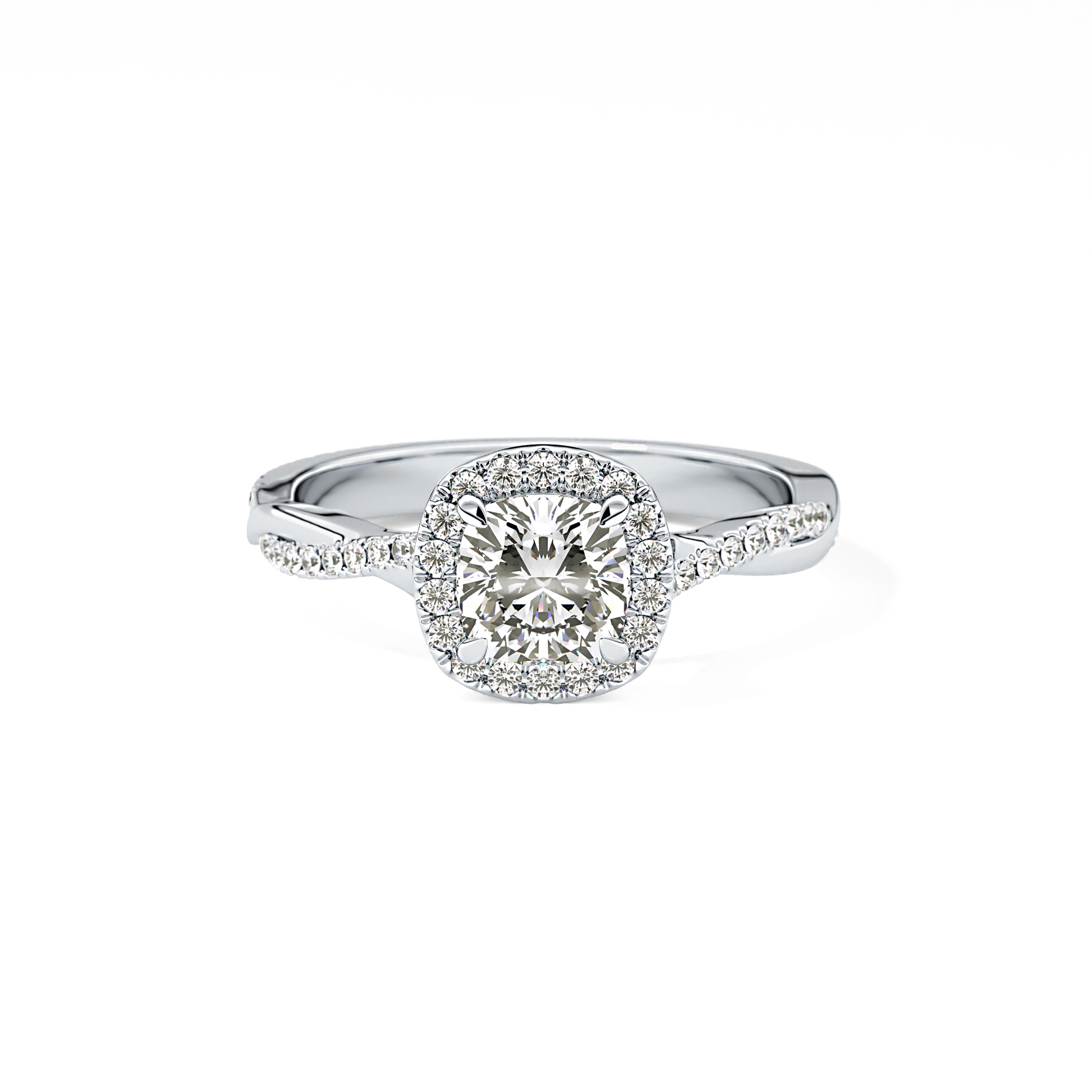 Cushion Cut 0.86 Carat Moissanite Ring – Twisted Shank, Halo and Pave Setting in Gold