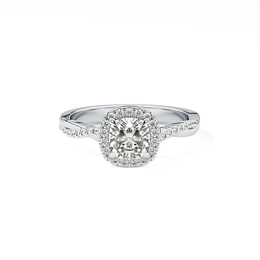 Cushion Cut 0.86 Carat Moissanite Ring – Twisted Shank, Halo and Pave Setting in Gold