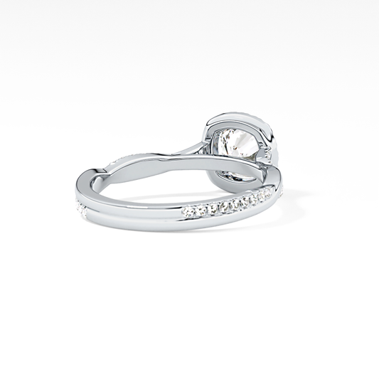Cushion Cut 0.86 Carat Moissanite Ring – Twisted Shank, Halo and Pave Setting in Gold