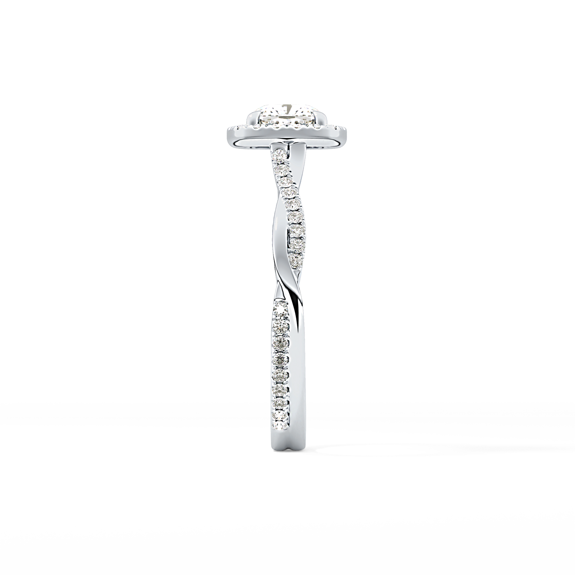Cushion Cut 0.86 Carat Moissanite Ring – Twisted Shank, Halo and Pave Setting in Gold