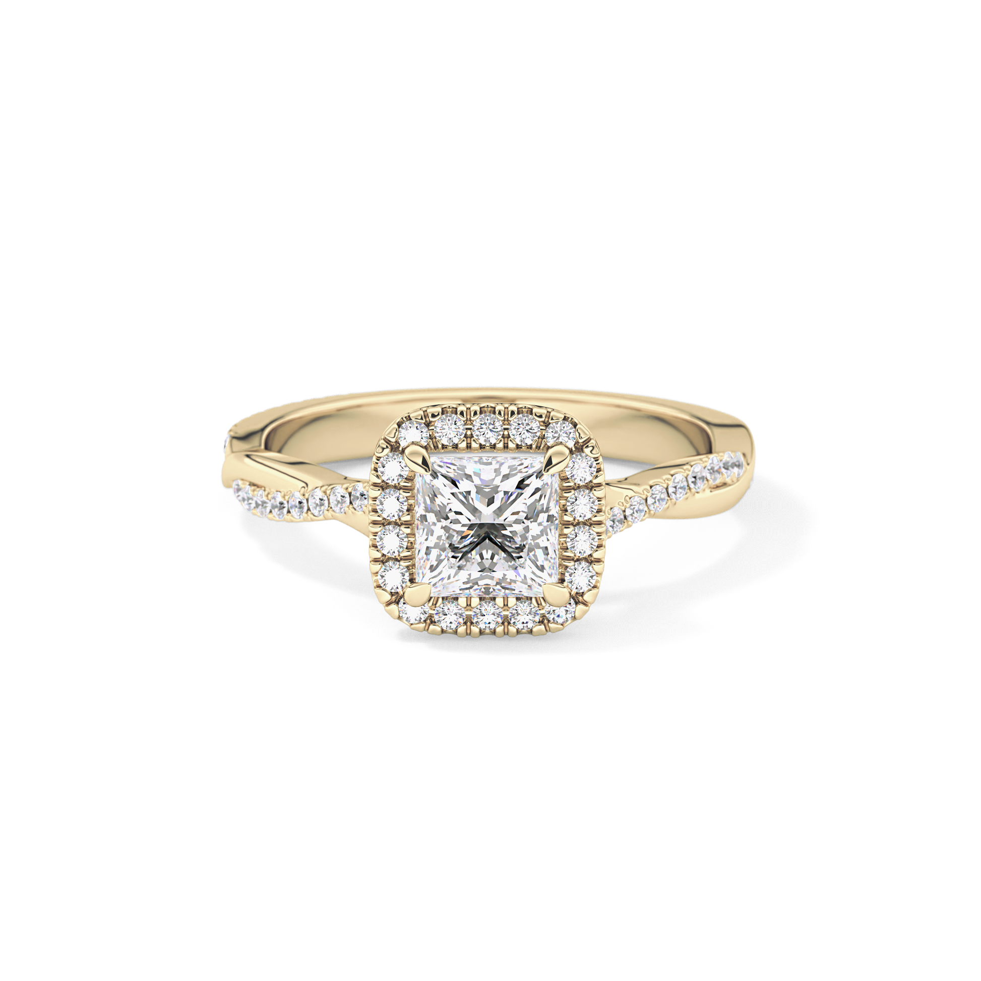 Princess Cut 0.78 Carat Moissanite Ring – Twisted Shank, Halo and Pave Setting in Gold