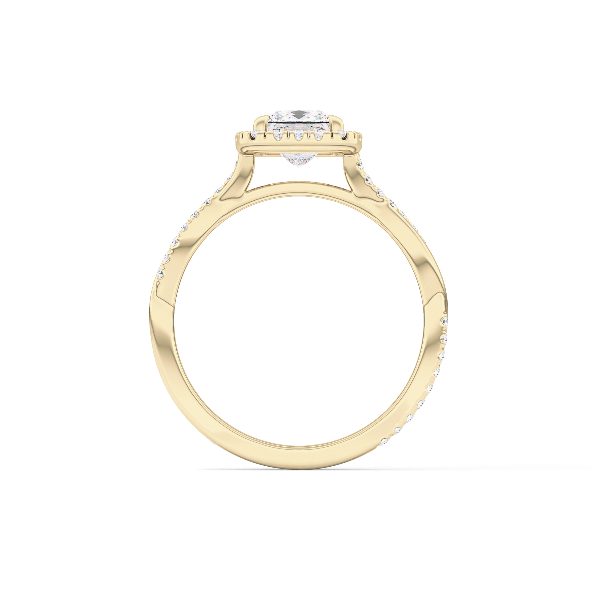 Princess Cut 0.78 Carat Moissanite Ring – Twisted Shank, Halo and Pave Setting in Gold