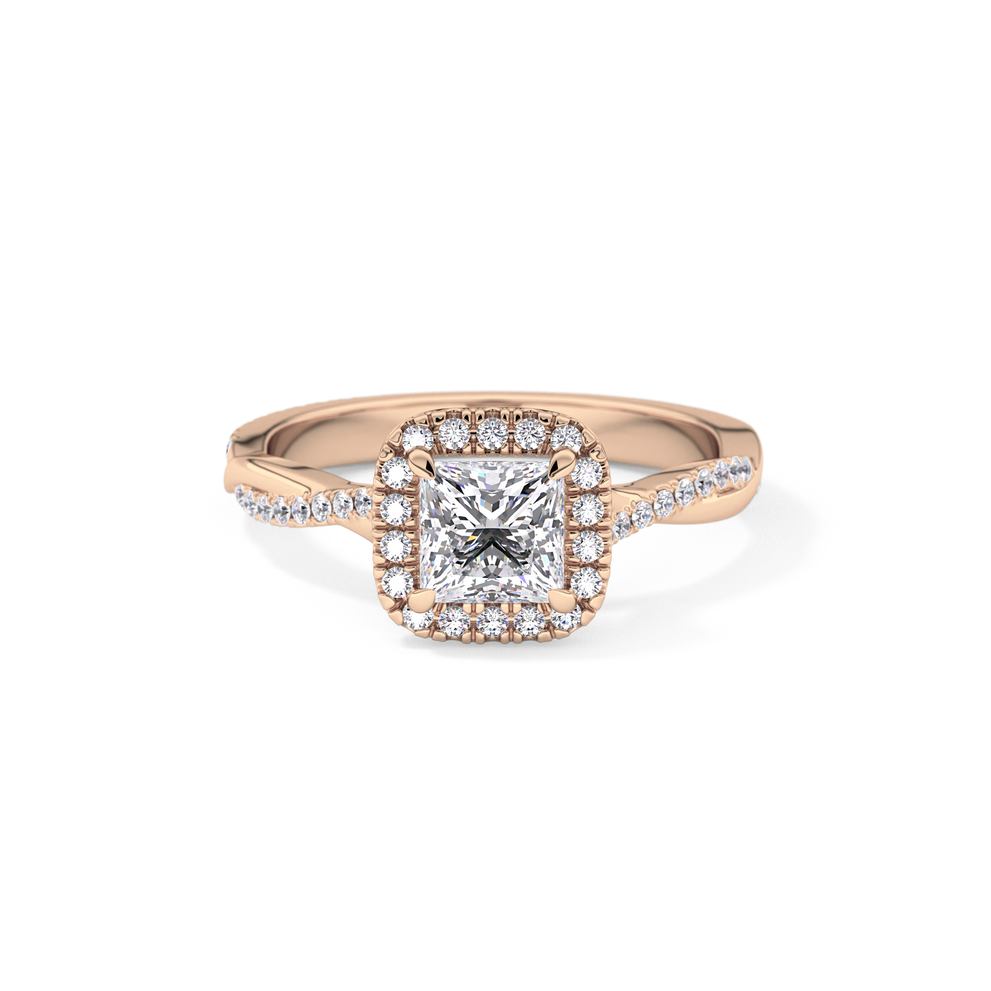 Princess Cut 0.78 Carat Moissanite Ring – Twisted Shank, Halo and Pave Setting in Gold
