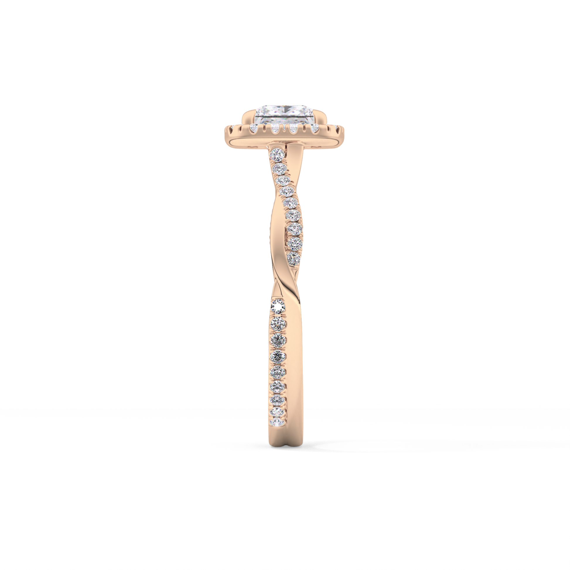 Princess Cut 0.78 Carat Moissanite Ring – Twisted Shank, Halo and Pave Setting in Gold