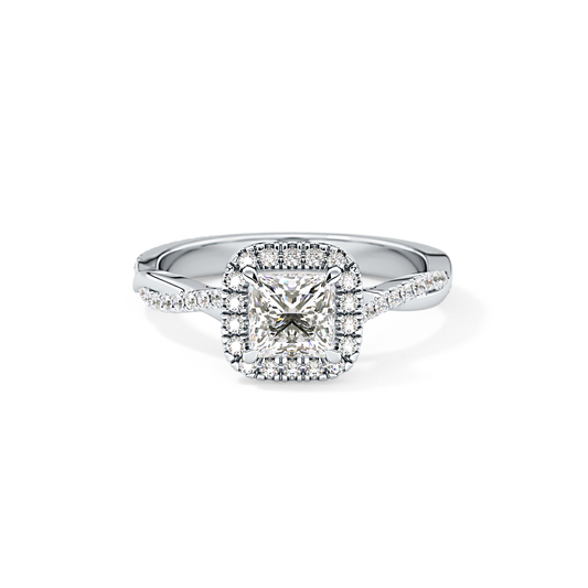 Princess Cut 0.78 Carat Moissanite Ring – Twisted Shank, Halo and Pave Setting in Gold