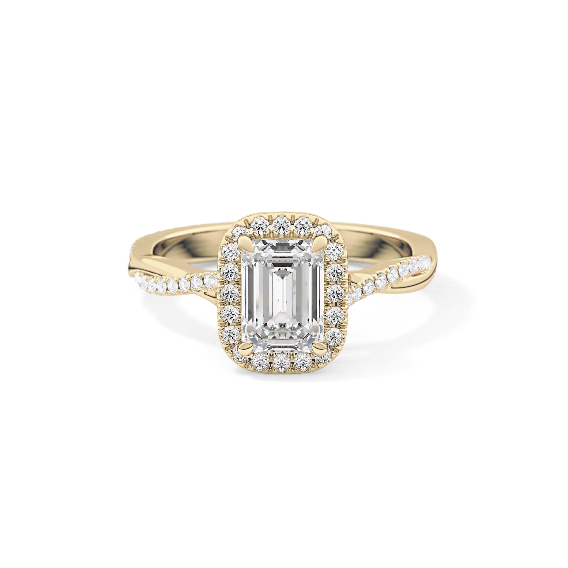 Emerald Cut 1.02 Carat Moissanite Ring – Twisted Shank, Halo and Pave Setting in Gold