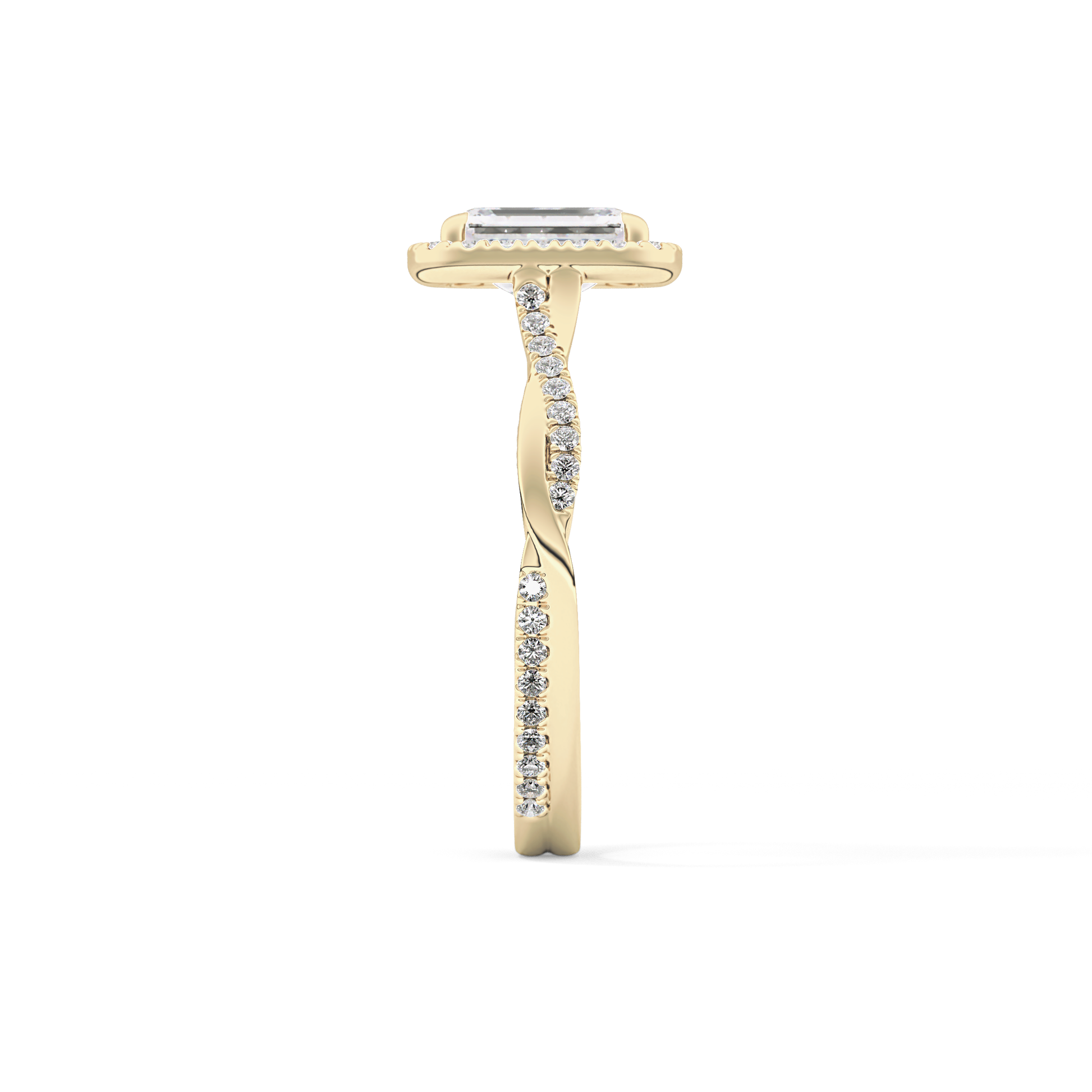 Emerald Cut 1.02 Carat Moissanite Ring – Twisted Shank, Halo and Pave Setting in Gold