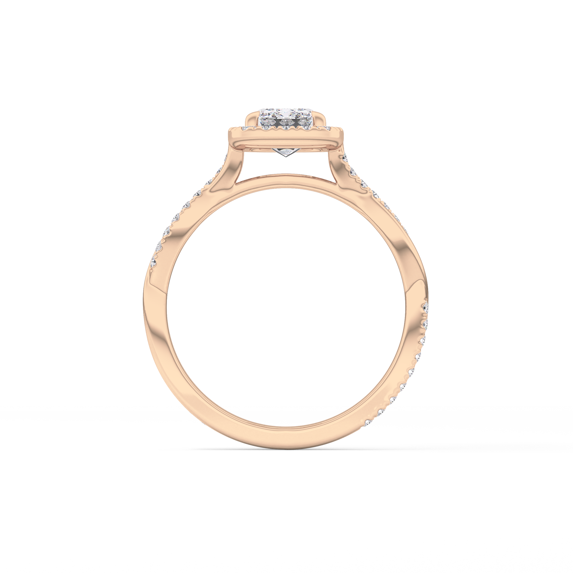 Emerald Cut 1.02 Carat Moissanite Ring – Twisted Shank, Halo and Pave Setting in Gold