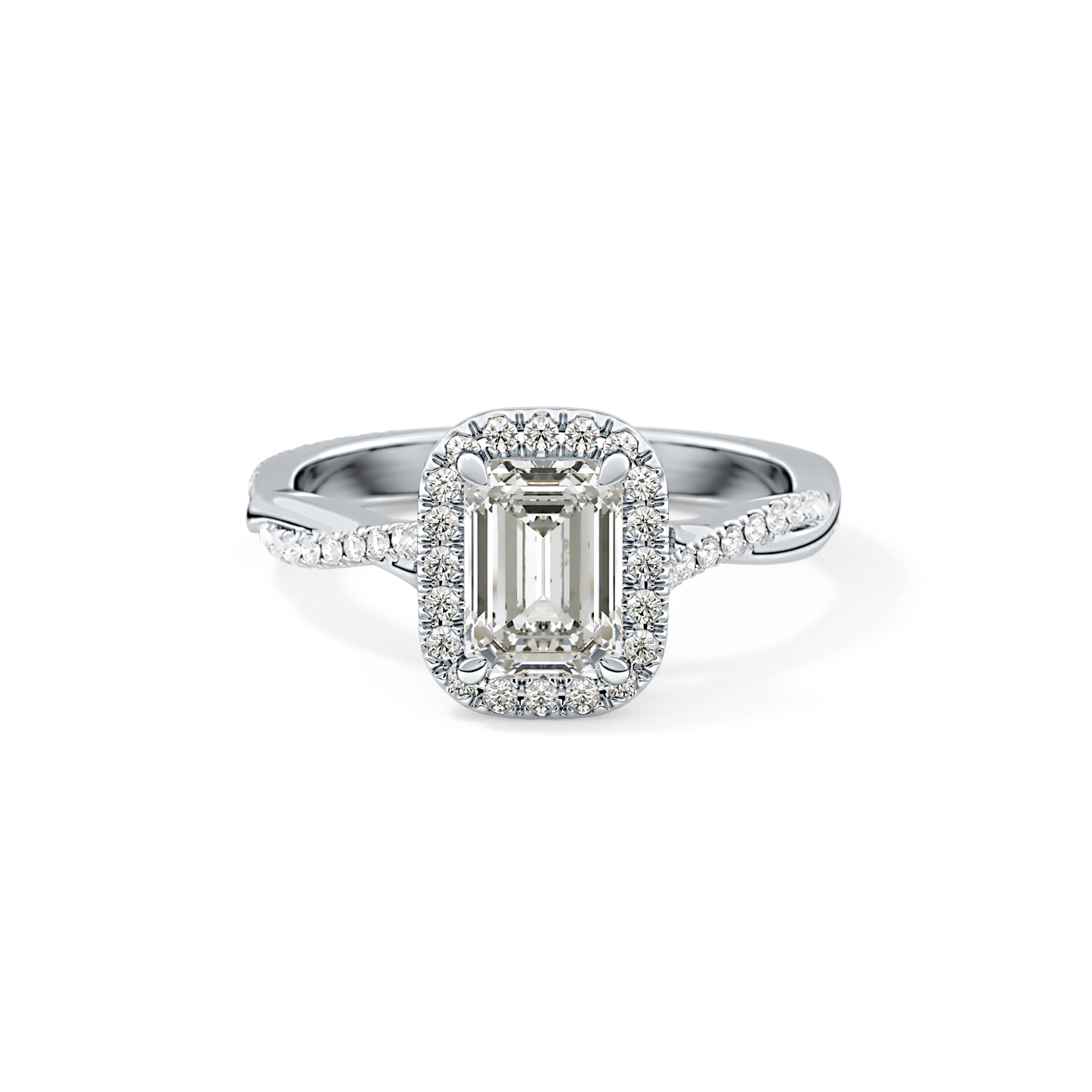 Emerald Cut 1.02 Carat Moissanite Ring – Twisted Shank, Halo and Pave Setting in Gold