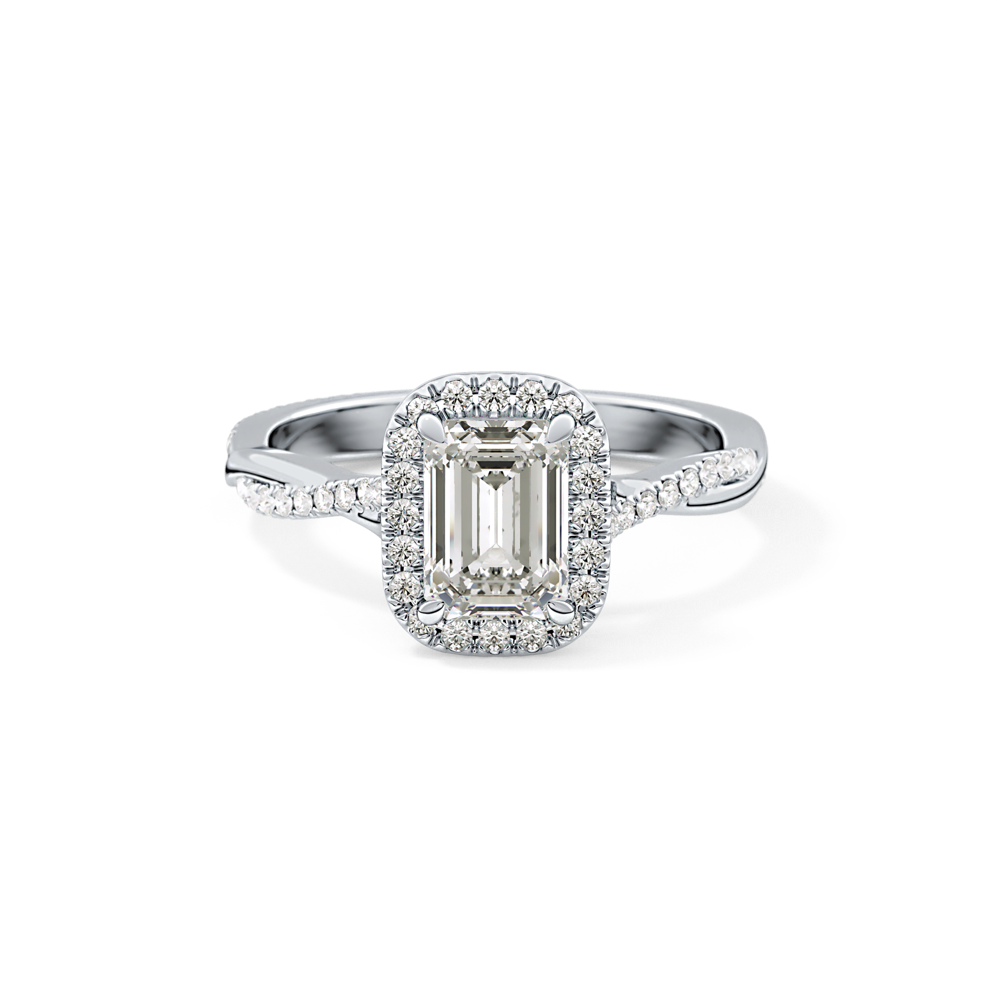 Emerald Cut 1.02 Carat Moissanite Ring – Twisted Shank, Halo and Pave Setting in Gold